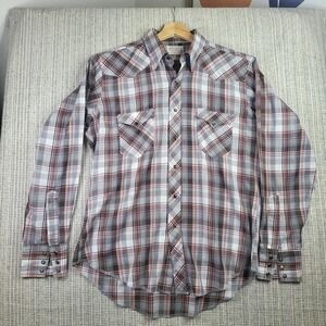 Vintage Wrangler Shirt Mens Medium Plaid Western‎ Pearl Snap Made USA Long Tails